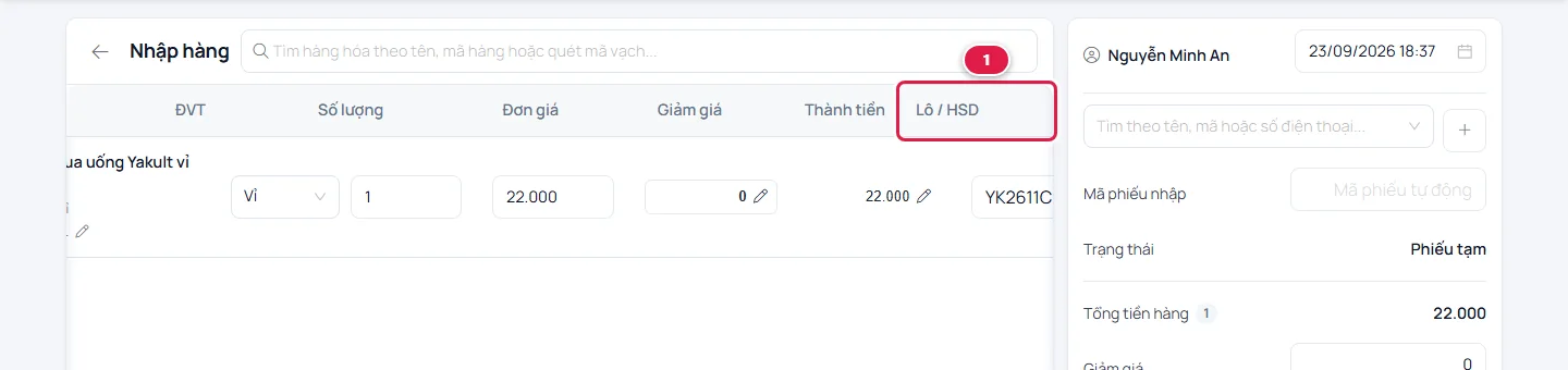 Trang Nhập hàng với dòng Sữa chua uống Yakult, cột Lô / HSD số 1 đã gõ số lô YK2611C