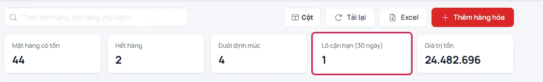 Dải thẻ số ở màn Hàng hóa, thẻ Lô cận hạn (30 ngày) bằng 1 được khoanh