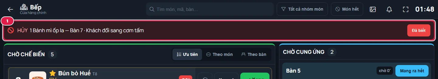 Dải đỏ ở đầu màn bếp khoanh số 1: HỦY 1 Bánh mì ốp la — Bàn 7 · Khách đổi sang cơm tấm, nút Đã biết