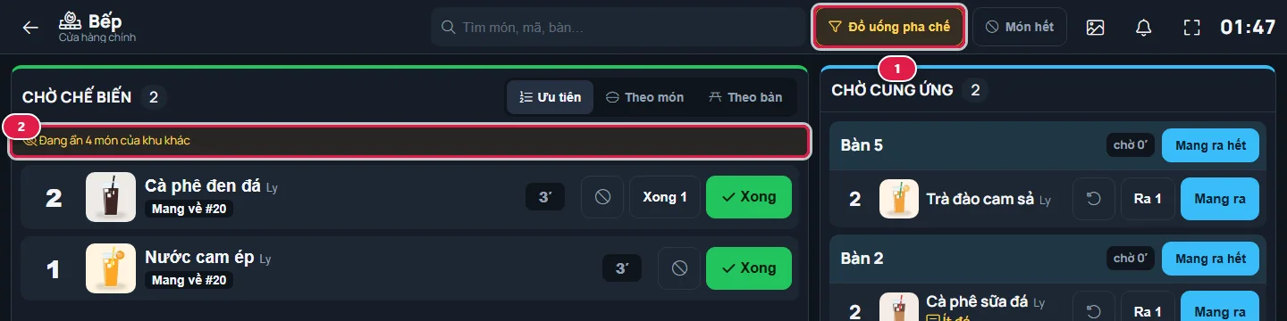 Màn bếp đang lọc: nút nhóm món màu cam khoanh số 1, dòng Đang ẩn 4 món của khu khác khoanh số 2, cột trái chỉ còn cà phê đen đá và nước cam ép