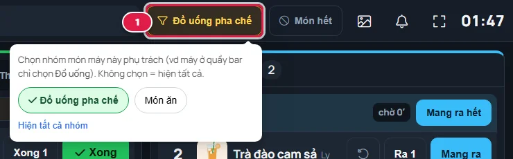 Nút nhóm món đổi thành Đồ uống pha chế khoanh số 1, bảng chọn bên dưới có hai nhóm Đồ uống pha chế đang chọn và Món ăn, và dòng Hiện tất cả nhóm