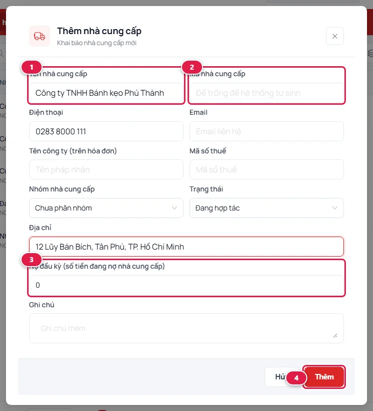 Hộp thoại Thêm nhà cung cấp đã điền tên, số điện thoại, địa chỉ; ô Tên, Mã, Nợ đầu kỳ và nút Thêm được đánh số
