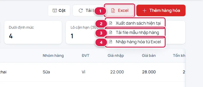 Nút Excel ở màn Hàng hóa mở ra ba mục: Xuất danh sách hiện tại, Tải file mẫu nhập hàng, Nhập hàng hóa từ Excel, đánh số 1 đến 4