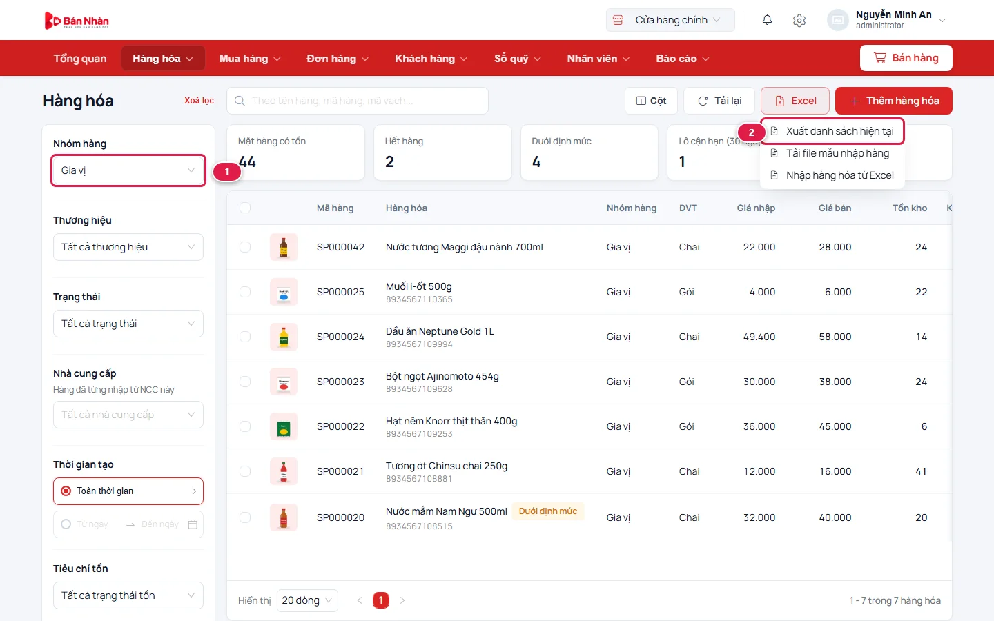 Màn Hàng hóa lọc nhóm hàng Gia vị số 1 còn 7 mặt hàng, menu Excel mở với mục Xuất danh sách hiện tại số 2
