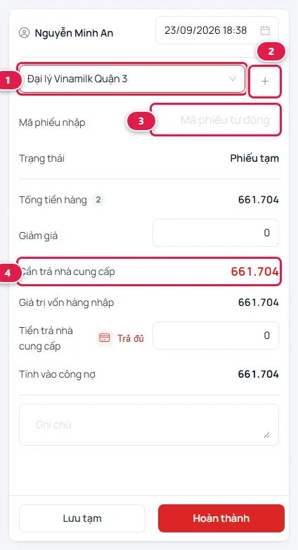 Cột phải của phiếu nhập: ô nhà cung cấp đã chọn Đại lý Vinamilk Quận 3, nút dấu cộng, ô mã phiếu nhập và dòng Cần trả nhà cung cấp