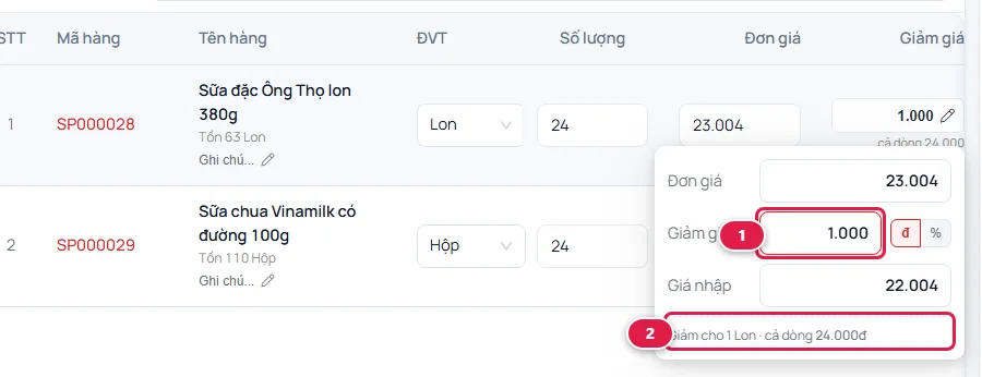 Bảng nhỏ Giảm giá mở ra cạnh dòng Sữa đặc Ông Thọ: ô giảm giá 1.000, dòng chữ Giảm cho 1 Lon, cả dòng 24.000đ