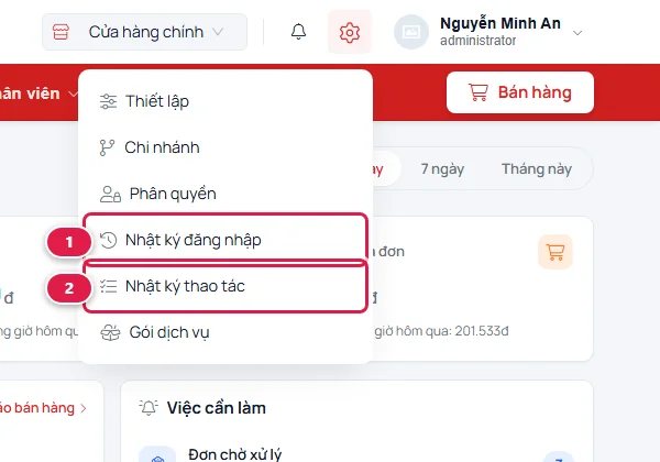 Menu bánh răng với mục Nhật ký đăng nhập (số 1) và Nhật ký thao tác (số 2)