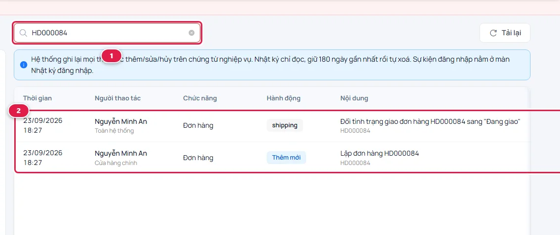 Ô tìm kiếm nhật ký thao tác đã gõ mã HD000076 (số 1), danh sách còn hai dòng: lập đơn hàng HD000076 và đổi tình trạng giao sang Đang giao (số 2)