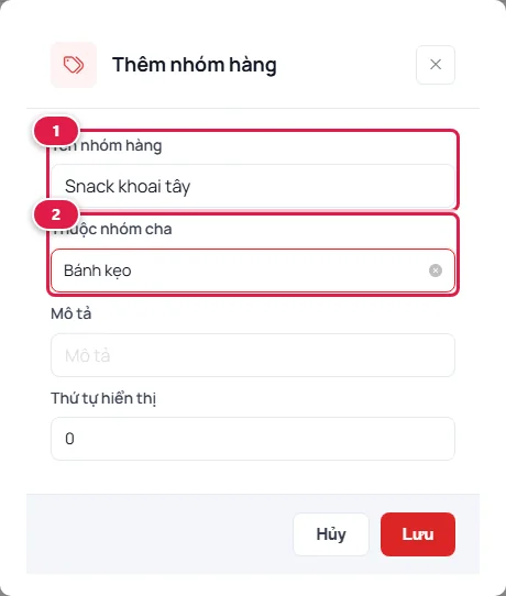 Hộp thoại Thêm nhóm hàng: tên nhóm hàng Snack khoai tây số 1, thuộc nhóm cha Bánh kẹo số 2, cùng các ô Mô tả, Thứ tự hiển thị và nút Lưu
