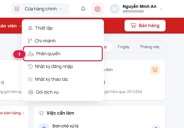 Menu bánh răng đang mở, mục Phân quyền được khoanh số 1