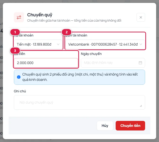Hộp thoại Chuyển quỹ: từ tài khoản Tiền mặt, đến tài khoản Vietcombank, số tiền 2.000.000