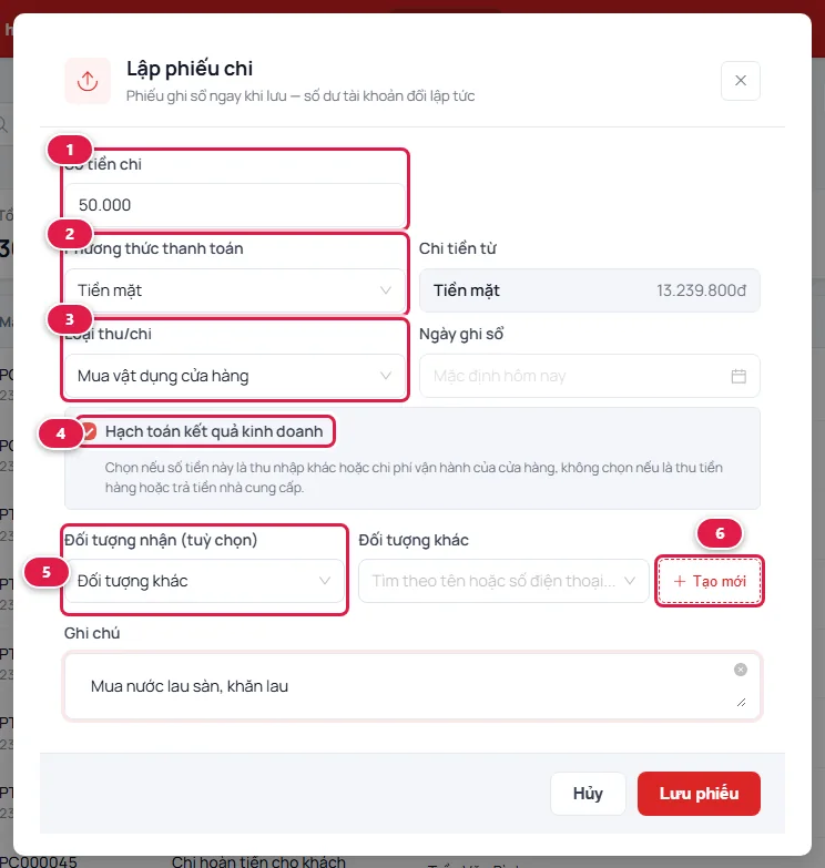 Hộp thoại Lập phiếu chi: số tiền 50.000, tiền mặt, loại Mua vật dụng cửa hàng, ô Hạch toán kết quả kinh doanh đã tích, đối tượng nhận Đối tượng khác và nút Tạo mới