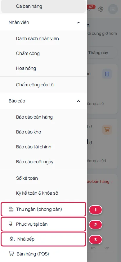 Menu trên điện thoại, cuối danh sách có ba mục: Thu ngân (phòng bàn) khoanh số 1, Phục vụ tại bàn khoanh số 2, Nhà bếp khoanh số 3