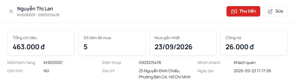 Hồ sơ khách hàng Nguyễn Thị Lan: tổng chi tiêu 463.000đ, 5 đơn đã mua, mua gần nhất, công nợ 26.000đ