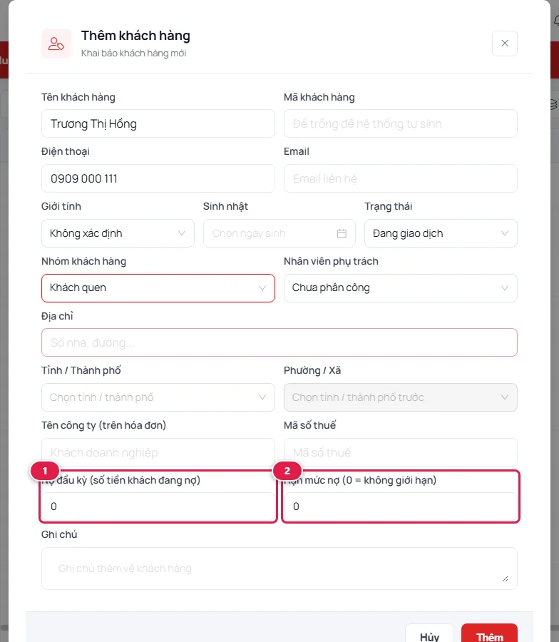 Phần dưới hộp thoại thêm khách: ô Nợ đầu kỳ và ô Hạn mức nợ được đánh số