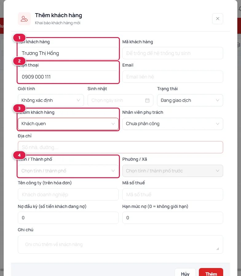 Hộp thoại Thêm khách hàng đã điền tên Trương Thị Hồng, số điện thoại, nhóm Khách quen; ô tỉnh thành được đánh số
