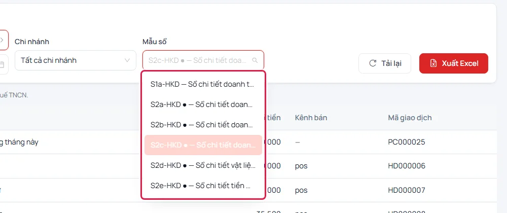 Danh sách thả xuống của ô Mẫu sổ với sáu sổ S1a, S2a, S2b, S2c, S2d, S2e; các sổ thuộc nhóm hiện hành có dấu chấm tròn