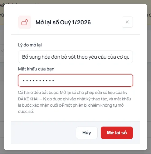 Hộp thoại Mở lại sổ Quý 1/2026 với ô Lý do mở lại, ô Mật khẩu của bạn và nút Mở lại sổ