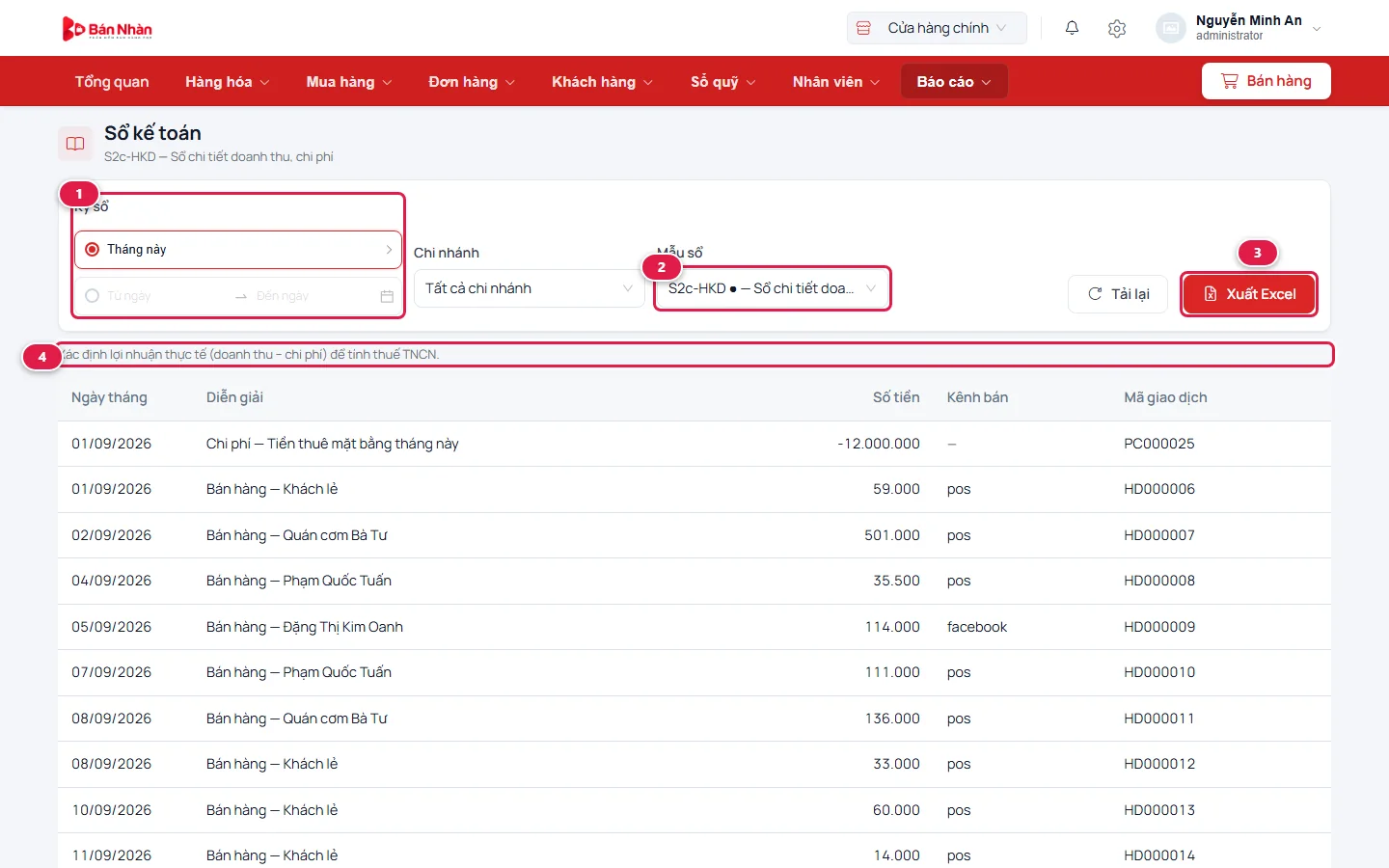 Màn Sổ kế toán đang mở sổ S2c-HKD: ô Kỳ sổ, ô Mẫu sổ, nút Xuất Excel và dòng mô tả sổ được đánh số; bên dưới là các dòng sổ theo ngày