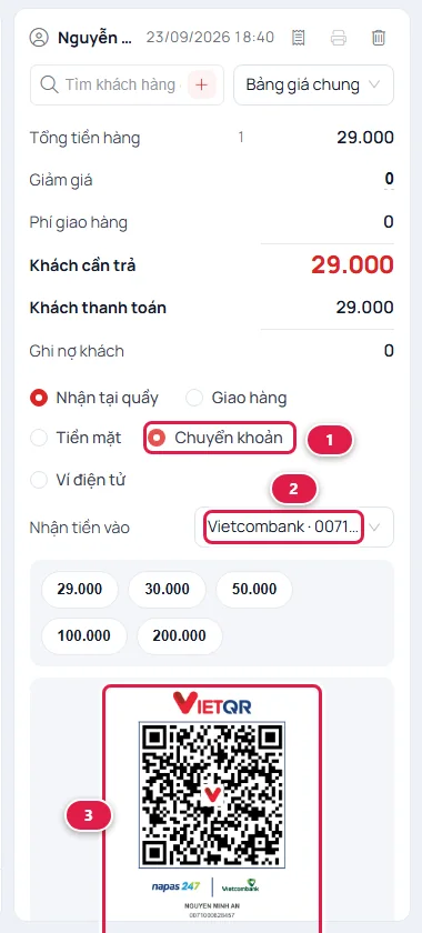 Cột thanh toán ở màn bán hàng: hình thức Chuyển khoản, nhận tiền vào tài khoản Vietcombank và mã VietQR hiện bên dưới