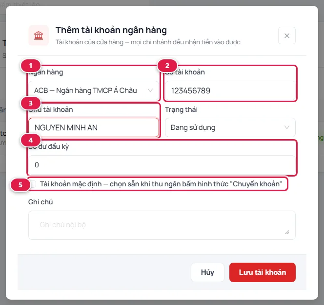 Hộp thoại Thêm tài khoản ngân hàng: ngân hàng ACB, số tài khoản, chủ tài khoản NGUYEN MINH AN, số dư đầu kỳ và ô Tài khoản mặc định