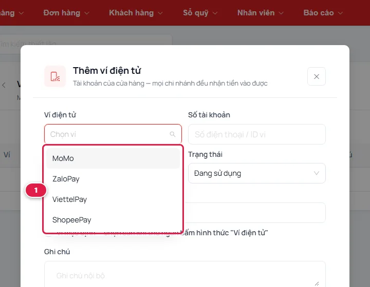 Hộp thoại Thêm ví điện tử với danh sách ví MoMo, ZaloPay, ViettelPay, ShopeePay đang mở