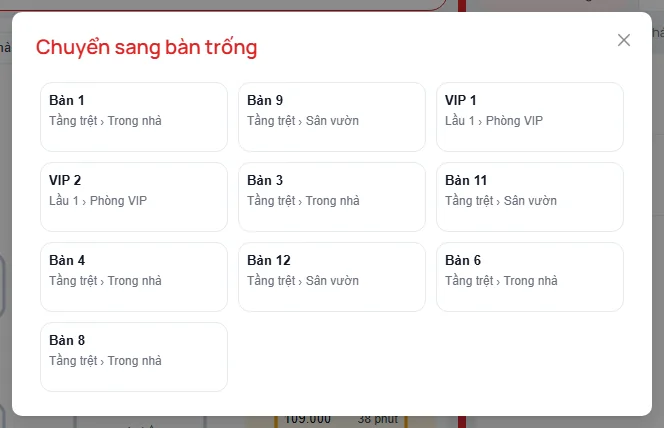 Hộp Chuyển sang bàn trống liệt kê các bàn trống: Bàn 1, Bàn 9, VIP 1, VIP 2, Bàn 3, Bàn 11… kèm tầng và khu