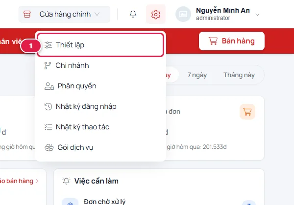Menu bánh răng đang mở, mục Thiết lập ở đầu danh sách được khoanh số 1