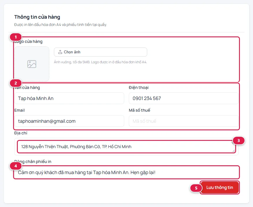 Khối Thông tin cửa hàng: ô logo, các ô tên cửa hàng, điện thoại, email, mã số thuế, ô địa chỉ, ô dòng chân phiếu in và nút Lưu thông tin, được đánh số từ 1 đến 5