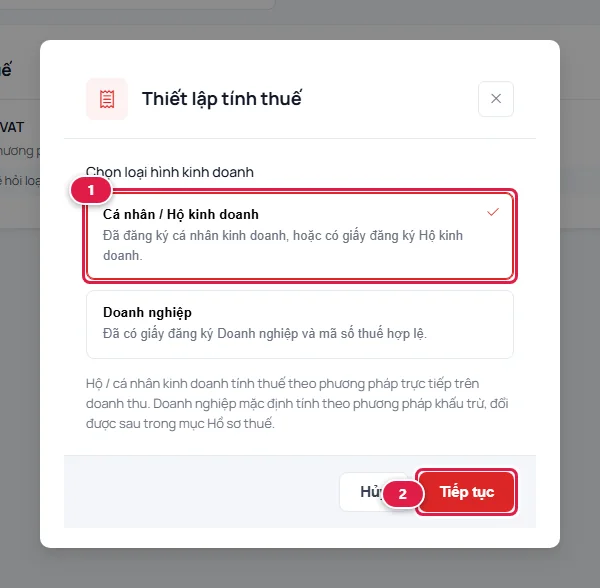 Hộp thoại Thiết lập tính thuế với hai lựa chọn Cá nhân / Hộ kinh doanh và Doanh nghiệp, nút Tiếp tục