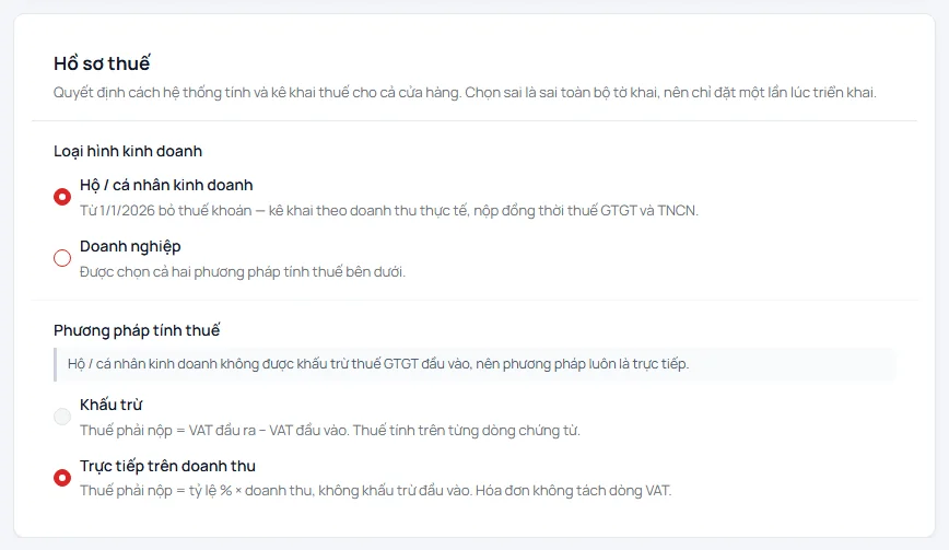 Mục Hồ sơ thuế: loại hình Hộ / cá nhân kinh doanh đang chọn, phương pháp Trực tiếp trên doanh thu đang chọn, phương pháp Khấu trừ bị khóa