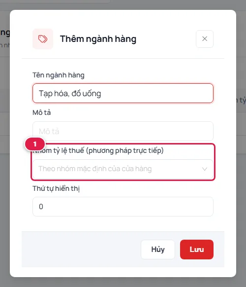 Hộp thoại Thêm ngành hàng với ô Tên ngành hàng và ô Nhóm tỷ lệ thuế (phương pháp trực tiếp)