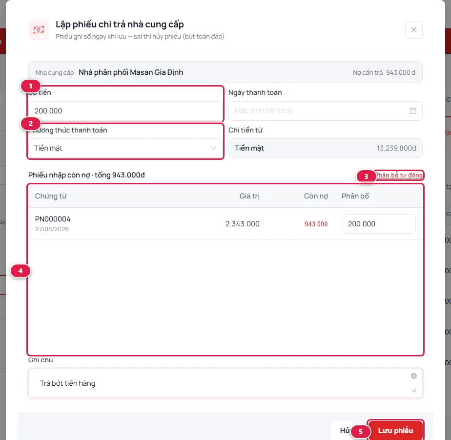 Hộp thoại Lập phiếu chi trả nhà cung cấp: số tiền 200.000, phương thức Tiền mặt, nút Phân bổ tự động, bảng phiếu nhập còn nợ đã phân bổ 200.000 vào phiếu nhập cũ nhất, nút Lưu phiếu