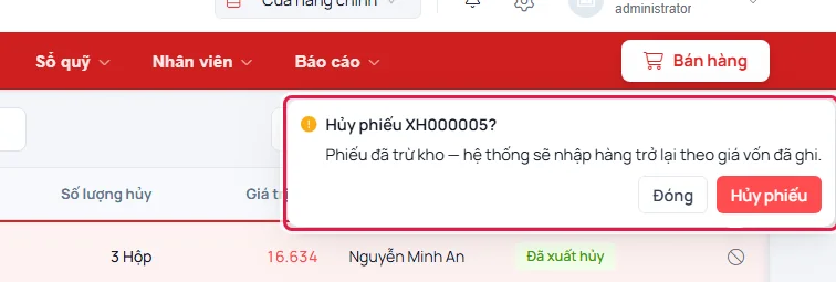 Hộp hỏi Hủy phiếu XH: Phiếu đã trừ kho, hệ thống sẽ nhập hàng trở lại theo giá vốn đã ghi, với nút Đóng và Hủy phiếu
